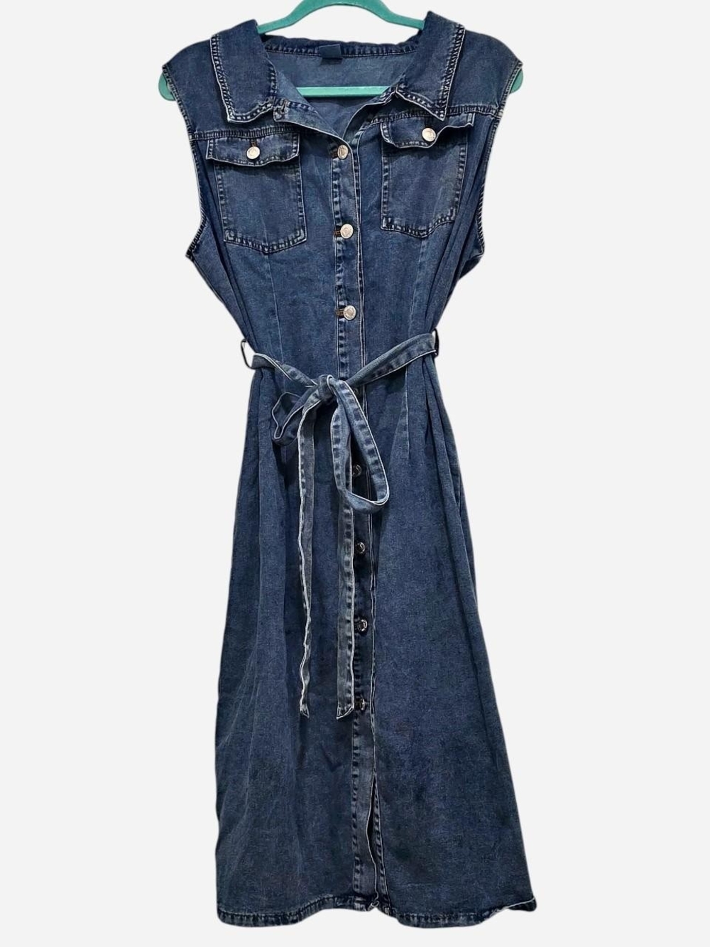 Sleeveless Dark Blue Denim Midi Dress with Self-Tie Belt